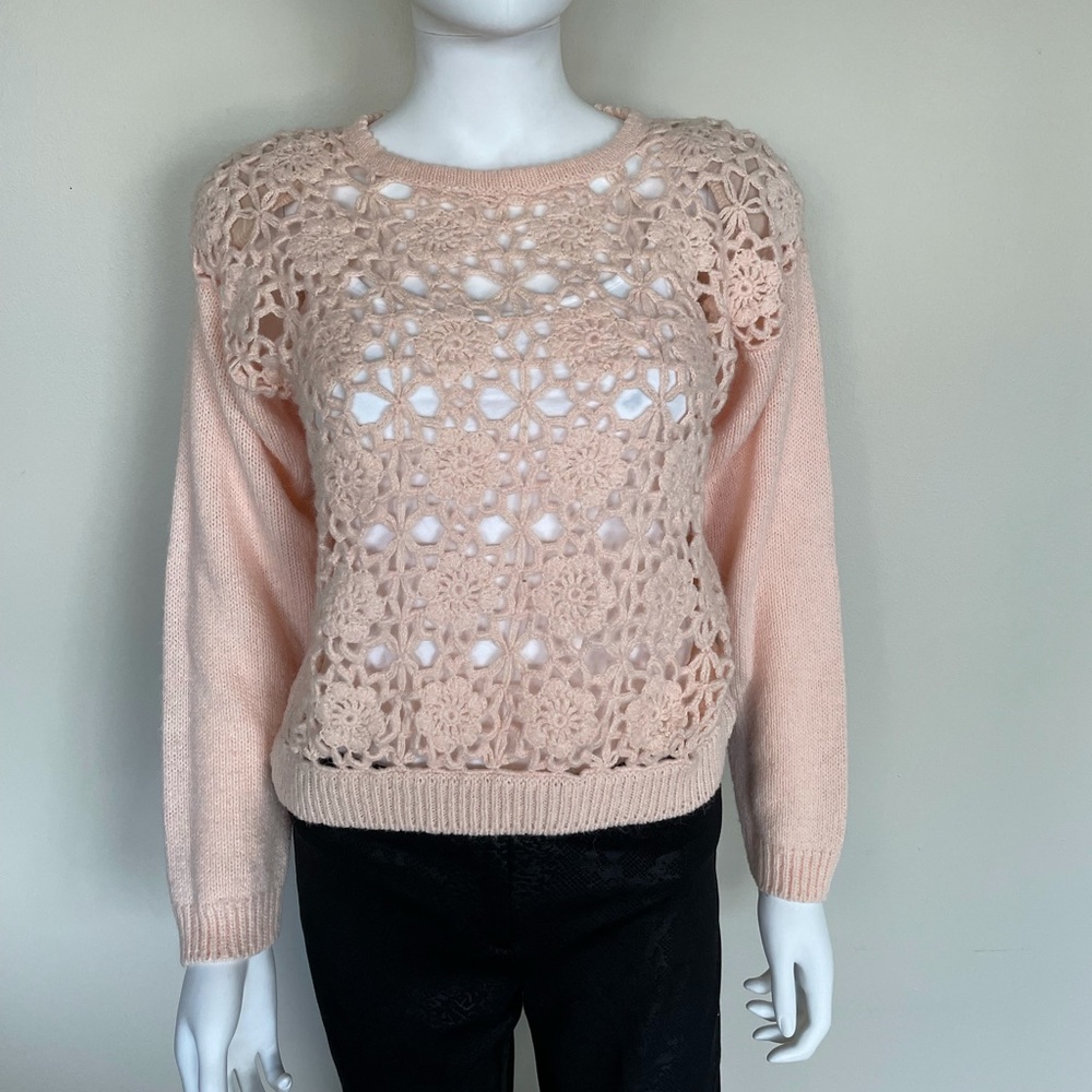 Vintage 1980s Pale Pink Sheer Crocheted Sweater S